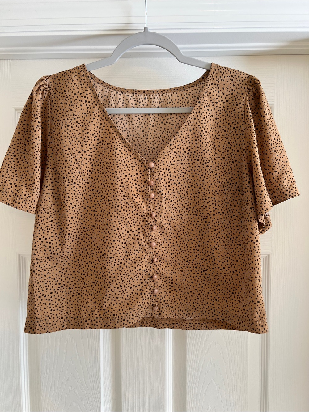 Amazon Tan Polka Dot Button-Front V-Neck Blouse